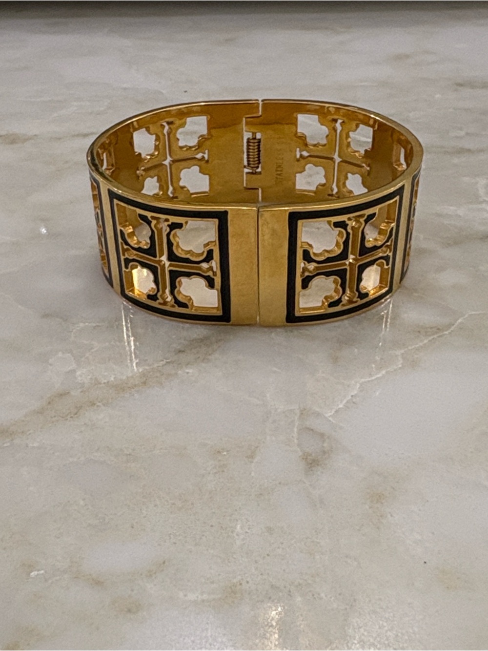 Tory Burch Gold and Black Logo Cutout Cuff Bracelet